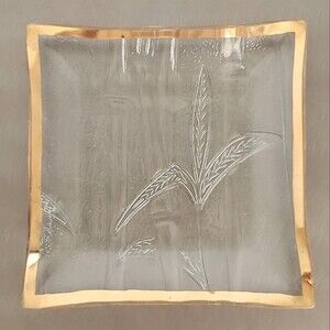 Vintage Mid Century Bamboo Gold Trimmed Art Glass Trinket Dish Plate - Signed